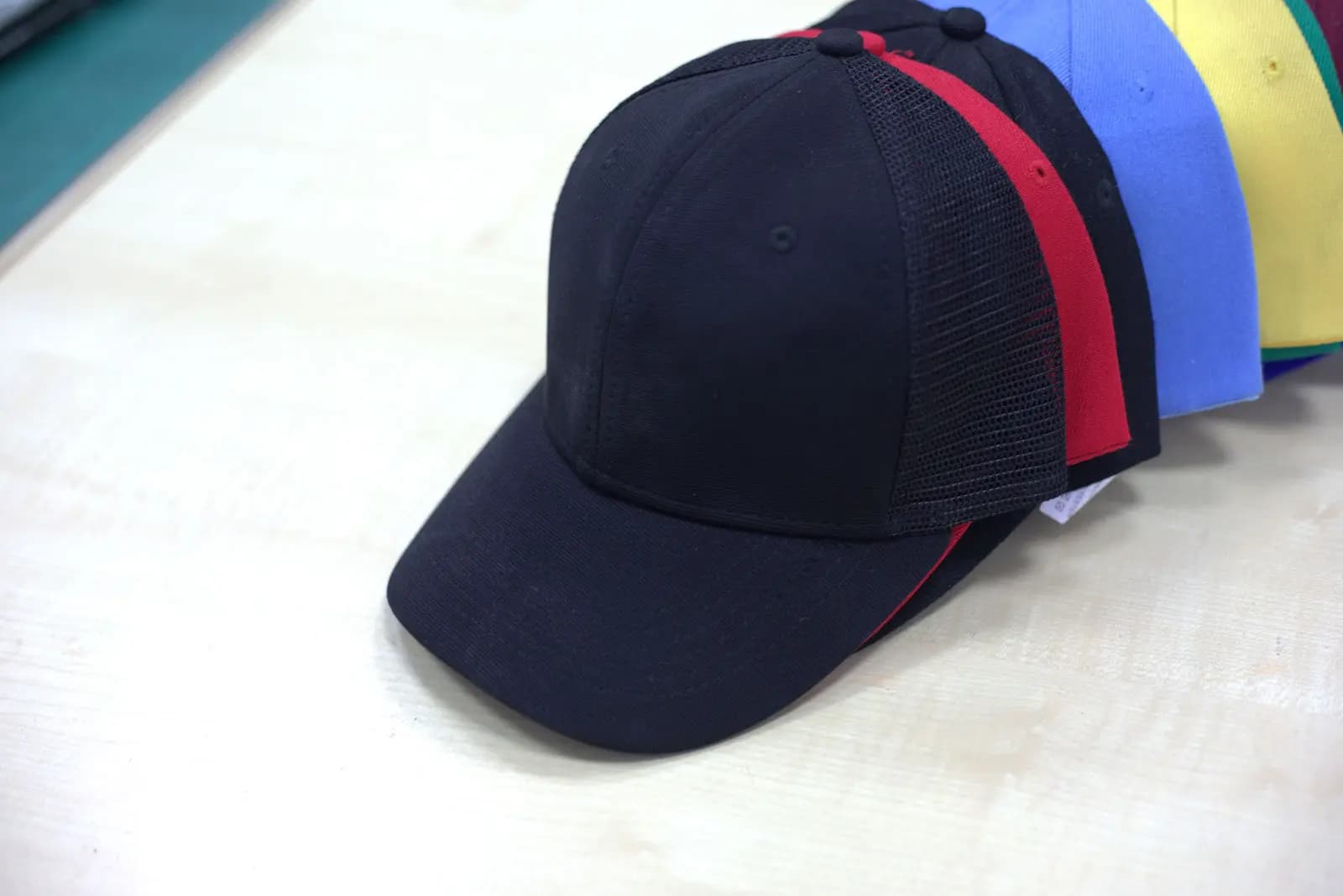 Navy six-panel cap with contrast trim